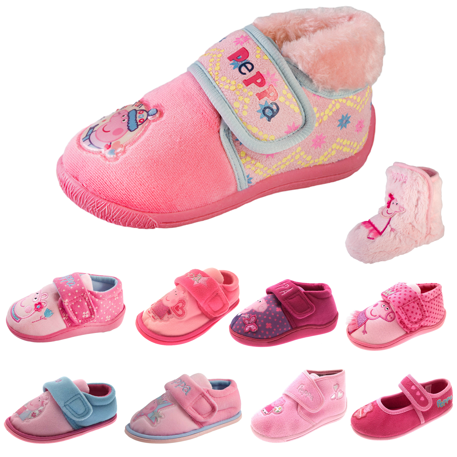 Girls Peppa Pig Slippers 3D Novelty Fleece Faux Fur Booties Pink Kids